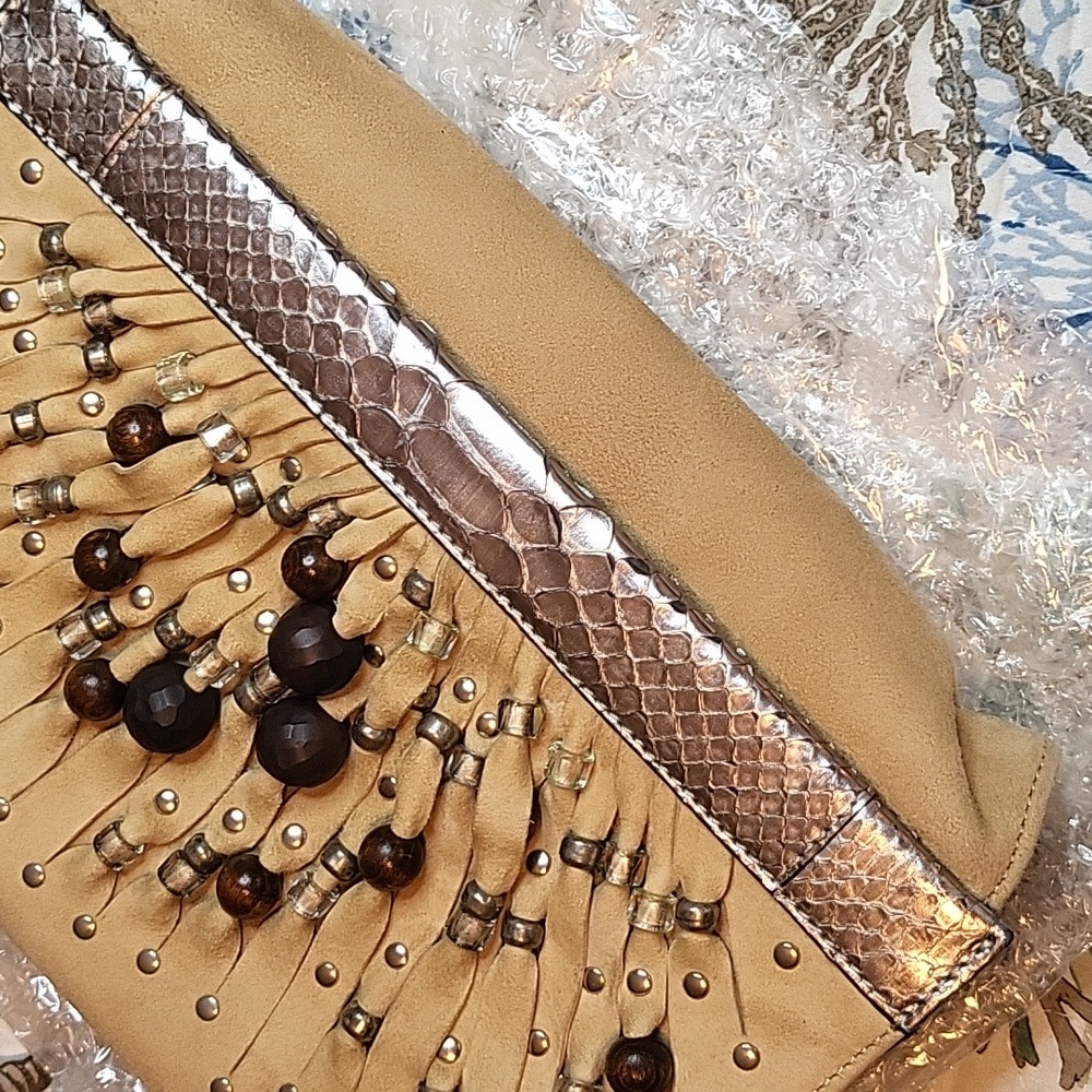 Jimmy Choo Beige and Brown Embellished Leather Wristlet Clutch - Picture 3 of 13